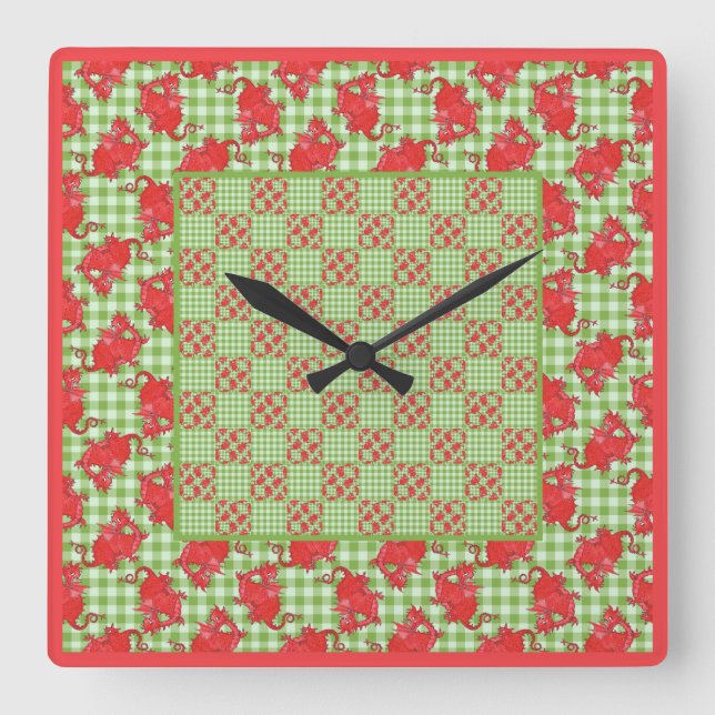 Square Wall Clock: Red Dragons on Green Gingham Square Wall Clock (Front)
