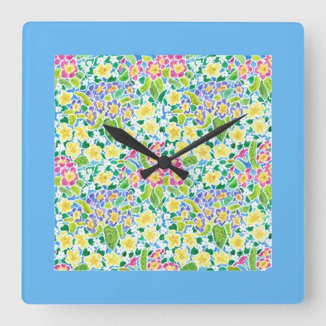 Square Wall Clock, Spring Primroses, Sky Blue Clock (Front)