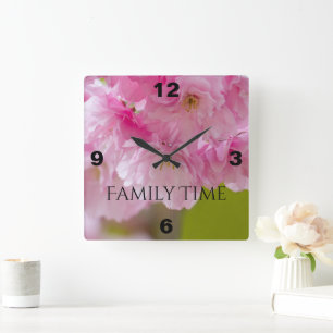 Square Wall Clock With Beautiful Pink Flowers