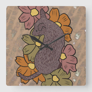 Square wall clock with dog design and flowers
