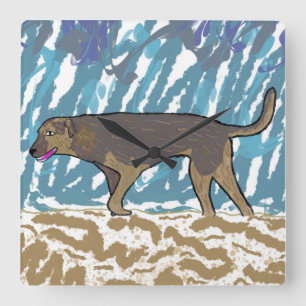 Square wall clock with dog design walking