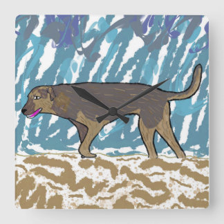 Square wall clock with walking dog design