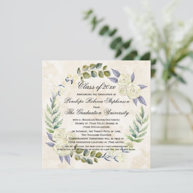 Square Watercolor Flower Wreath College Graduation Invitation (Standing Front)