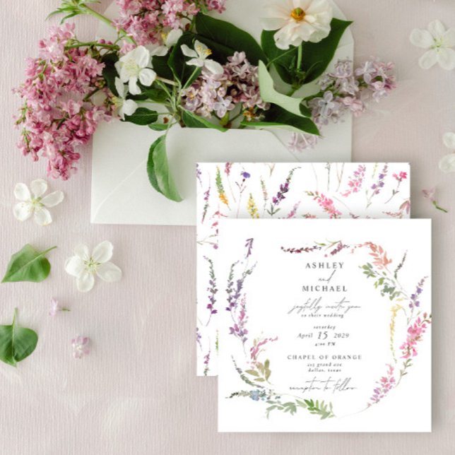 Square Wildflower Watercolor Floral Modern Wedding Invitation (Creator Uploaded)