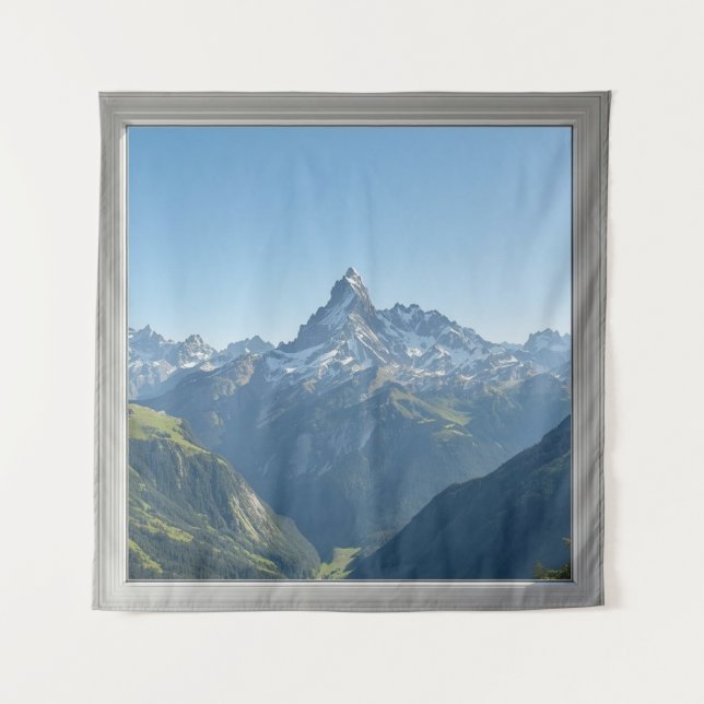 Square Window with Views of the Swiss Alps Tapestry (Front)