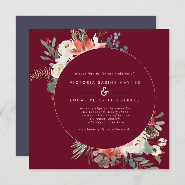 Square Winter Berry Floral Wedding Invitation (Front/Back)