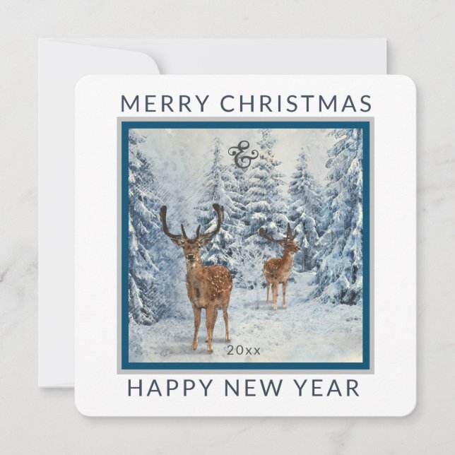 Square Winter Forest w/Deer | Christmas  Holiday Card (Front)