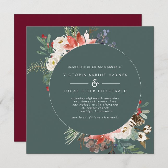 Square Winter Sage & Marsala Floral Wedding Invitation (Front/Back)