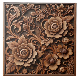 Square Wooden Tile with Intricate Asian Floral