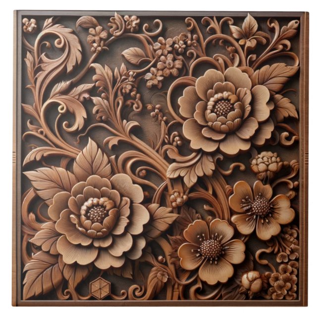 Square Wooden Tile with Intricate Asian Floral (Front)