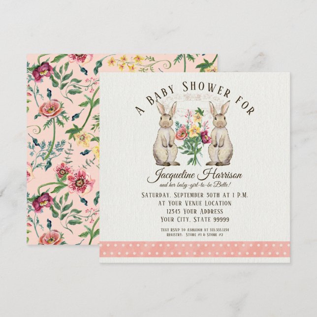Square Woodland Fairy Tale Rabbit Girl Baby Shower Invitation (Front/Back)