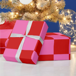 Squares Check Chequered DIY Colours Red Hot Pink Wrapping Paper