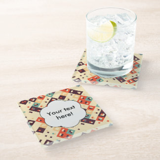 Squares in retro colours abstract design glass coaster
