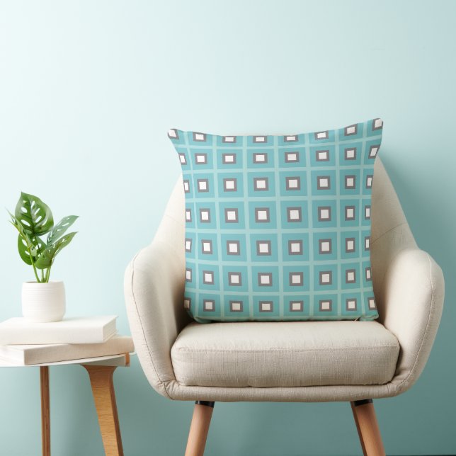 Squares In Squares - Dusty Blue White Cushion (Chair)