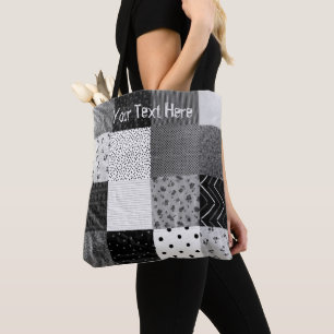 squares of patterned black and white patchwork tote bag