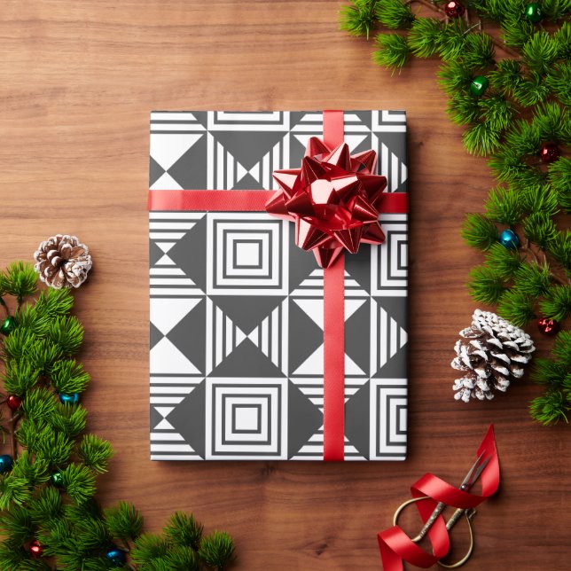 Squares & Triangles Black White Minimal Pattern Wrapping Paper (Holiday Gift)