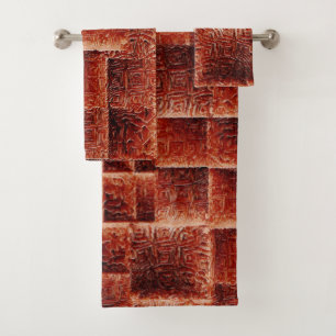 Squares with dark and light red wall texture bath towel set