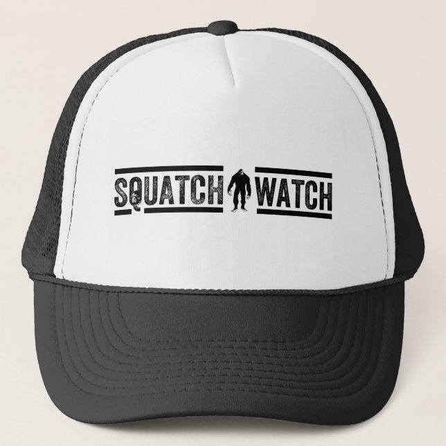 Squatch Watch - Skinny Bigfoot Hunter Design Trucker Hat (Front)