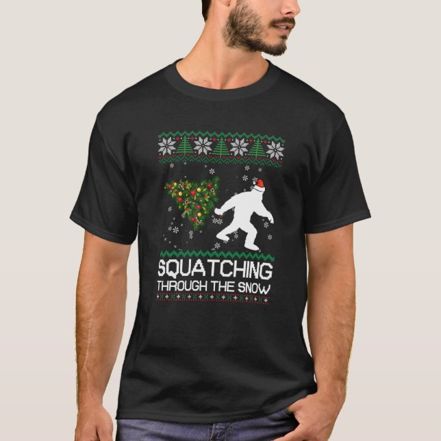 Squatching Through The Snow Ugly Christmas Sasquat T-Shirt (Front)