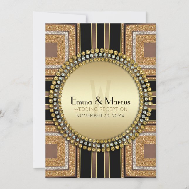 Squazi Art Deco Gold Black Wedding Reception Invitation (Front)