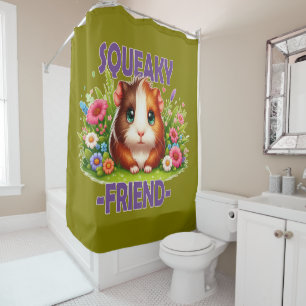 Squeaky Friend pun. Cute Baby Guinea Pig cartoon Shower Curtain