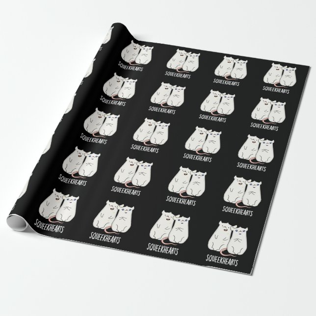 Squeekhearts Funny Mouse Sweetheart Pun Dark BG Wrapping Paper (Unrolled)