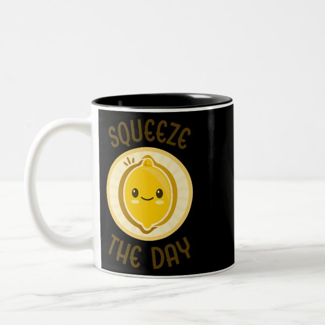 Squeeze The Day Cute Adorable Kawaii Lemon Food Pu Two-Tone Coffee Mug (Left)
