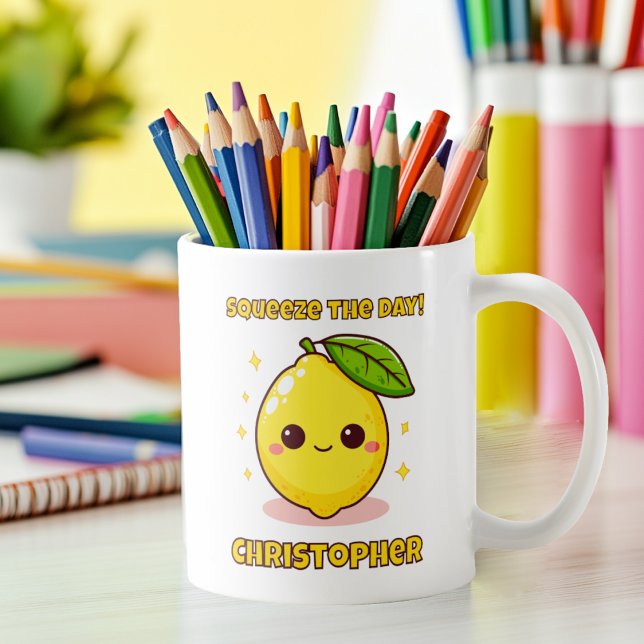 squeeze The Day Cute Kawaii Lemon personalised  Coffee Mug (Creator Uploaded)