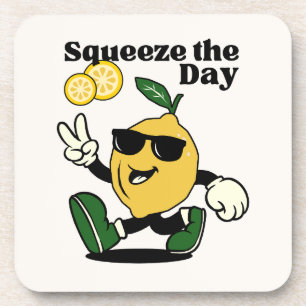 SQUEEZE THE DAY FUNNY LEMON PUN RETRO MASCOT  COASTER