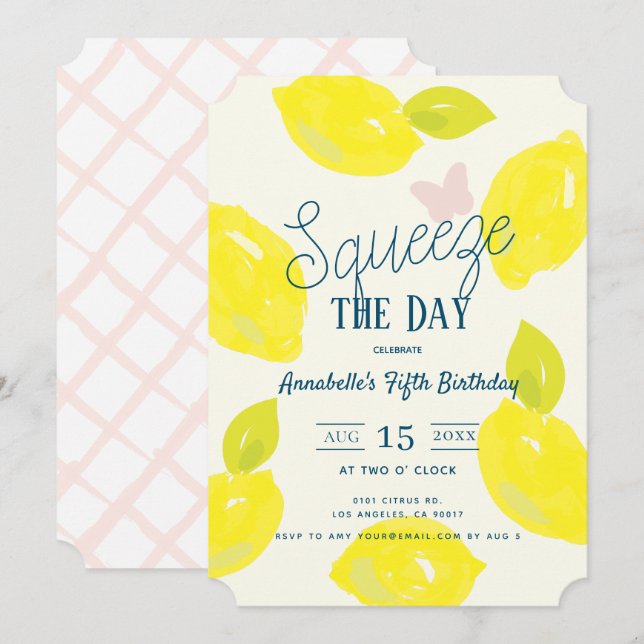 Squeeze the Day Lemon Citrus Girl Birthday Invitation (Front/Back)