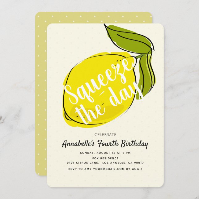 Squeeze the Day Lemon CItrus Yellow Birthday Invitation (Front/Back)