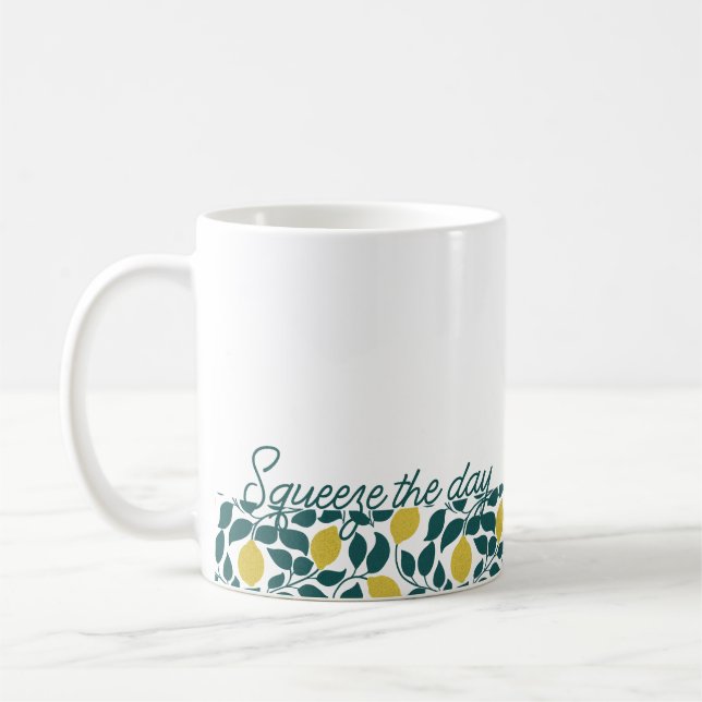 Squeeze the Day Lemon Print Summer Kitchen Gift  Coffee Mug (Left)