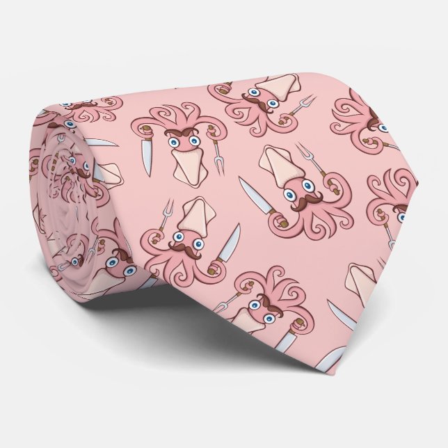 Squid Chef Cartoon Pattern Tie (Rolled)