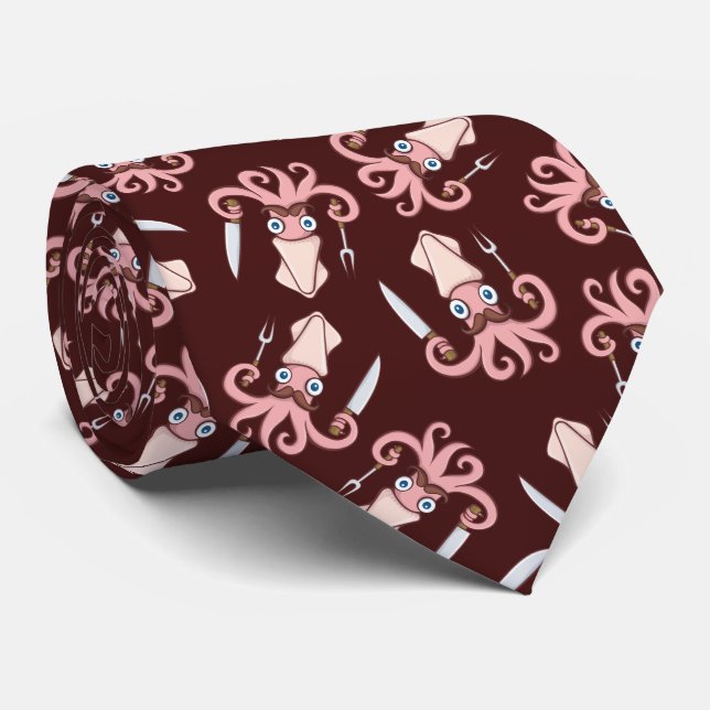 Squid Chef Cartoon Pattern Tie (Rolled)