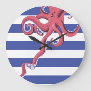 Squid diving underwater featuring stripes. large clock