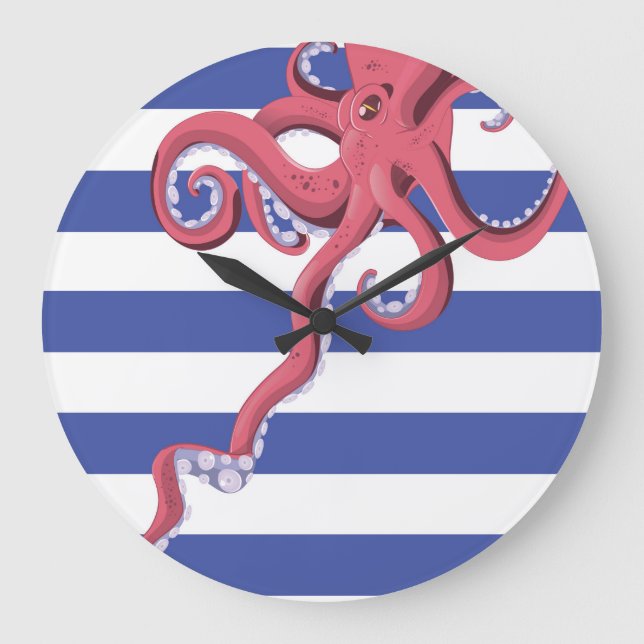 Squid diving underwater featuring stripes. large clock (Front)