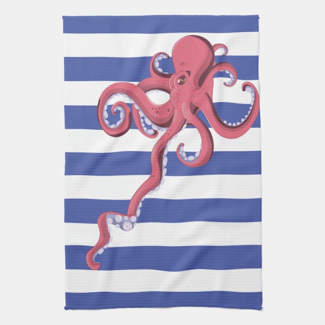 Squid diving underwater featuring stripes. tea towel (Vertical)
