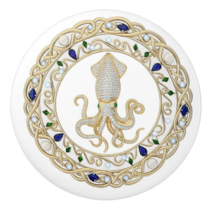Squid Gold Crystal Ocean Sea 2D graphic gemstone Ceramic Knob