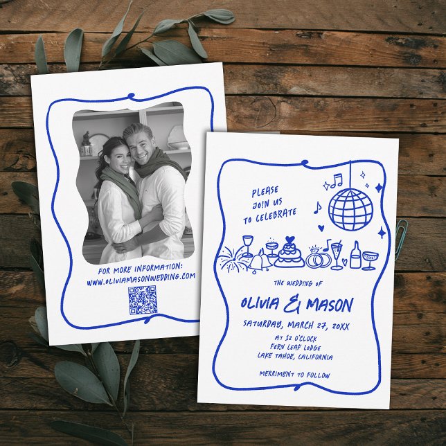Squiggle Hand-Drawn Modern Doodle Blue Wedding Invitation (hand drawn wedding invitation doodle illustration squiggle wavy frame modern funky unique blue)