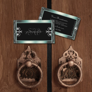 Squiggled Black and Teal Sparkle Diamonds Initials Business Card