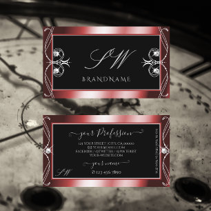 Squiggled Black Red Sparkling Diamonds Monogram Business Card