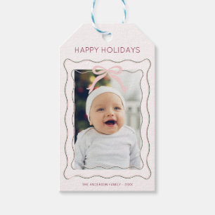 Squiggly Frame Pink Bow Holiday Photo Gift Tag
