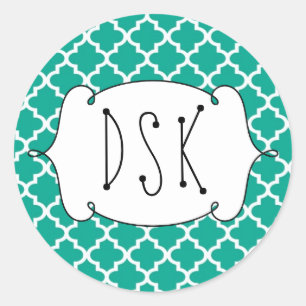 Squiggly fun teal simple Moroccan tile monogram Classic Round Sticker
