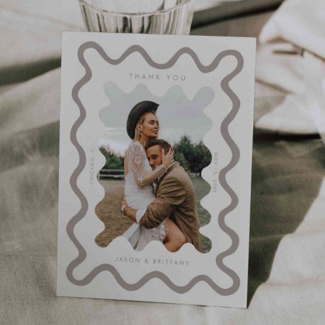 Squiggly Hand Drawn Line Cream Wedding Photo Thank You Card (Creator Uploaded)