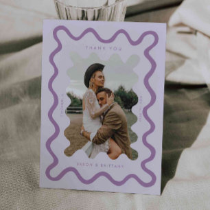 Squiggly Hand Drawn Line Purple Wedding Photo Thank You Card