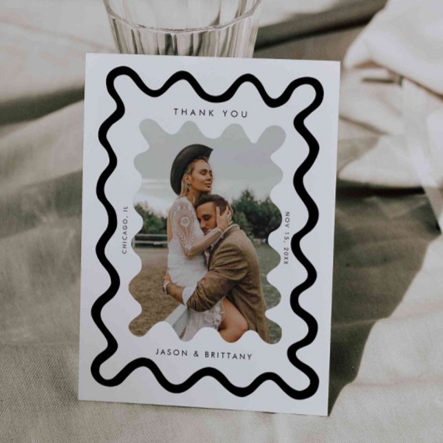 Squiggly Hand Drawn Line White Wedding Photo Thank You Card (Creator Uploaded)