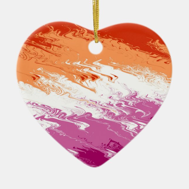Squiggly Trippy Groovy Abstract Lesbian Pride Flag Ceramic Tree Decoration (Front)