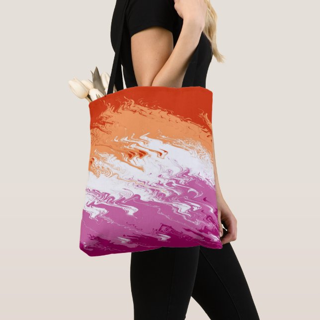 Squiggly Trippy Groovy Abstract Lesbian Pride Flag Tote Bag (Close Up)