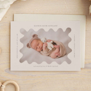 Squiggly Wavy Beige Frame Birth Announcement Photo