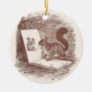 Squirrel Admires Sketch of Self Ceramic Tree Decoration
